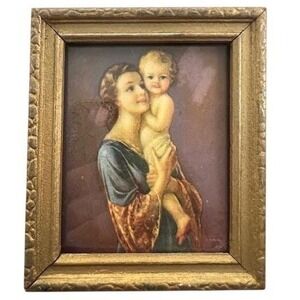 Vintage Framed Religious Art Madonna and Child Painting Gold Gilt Frame 4 x 4.5